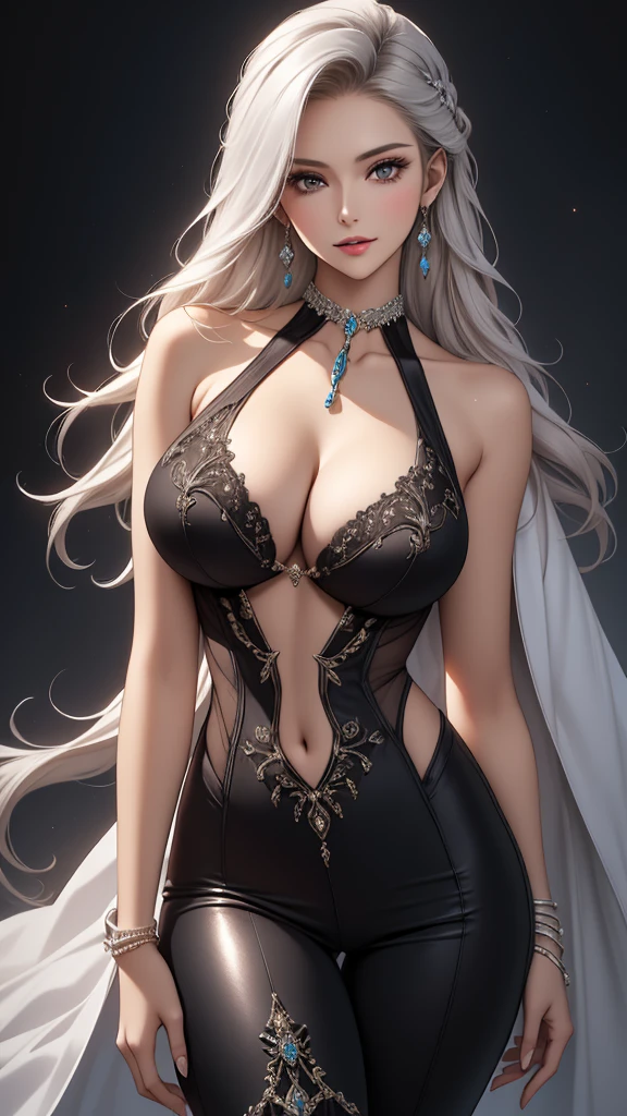 Closeup, Best quality, masterpiece, realistic, Beautiful cool tall, slim, fit woman, wearing fancy silver-white sequin top and black pants, intricate and highly detailed, cleavage, long silver hair, body chain, jewelry.