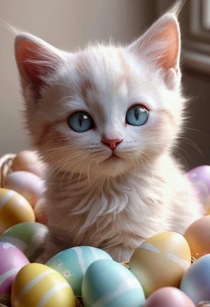 Beautiful with dreamy eyes, kitten, Volumetric Light, Ultra-realistic, Intricate details, shape, Painting, watercolor, Cute Chibi, Eating Easter eggs, ah!, Shallow depth of field, Pastel Color Palette, Soft lighting, Minimum, Modern, Digital Painting, Lois Van Belle、Ross Tran、Art by artgerm, Artstation HQのトレンド, Very detailed,sleep,Are sleeping