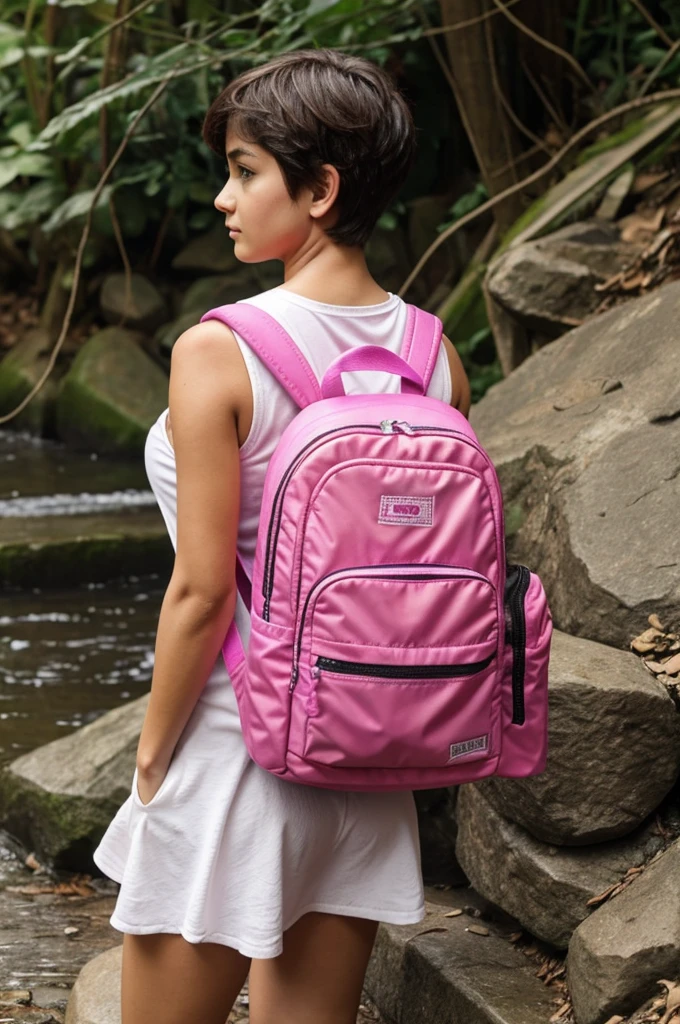 A toad with the body of a woman who is wearing a pink backpack and has a horrible haircut.