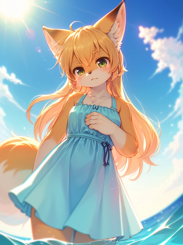 (Sumilux f1.4 24mm , low Latitude old color negative film , cross process , bokeh, flare, chromatic aberration , soft focus, (Shallow focus) , soft glow , Maximum aperture, High Key , Transparent depiction)  , dynamic wide angle , Girl peering in , fox ear , Summer dress, strong wind , The hem flutters