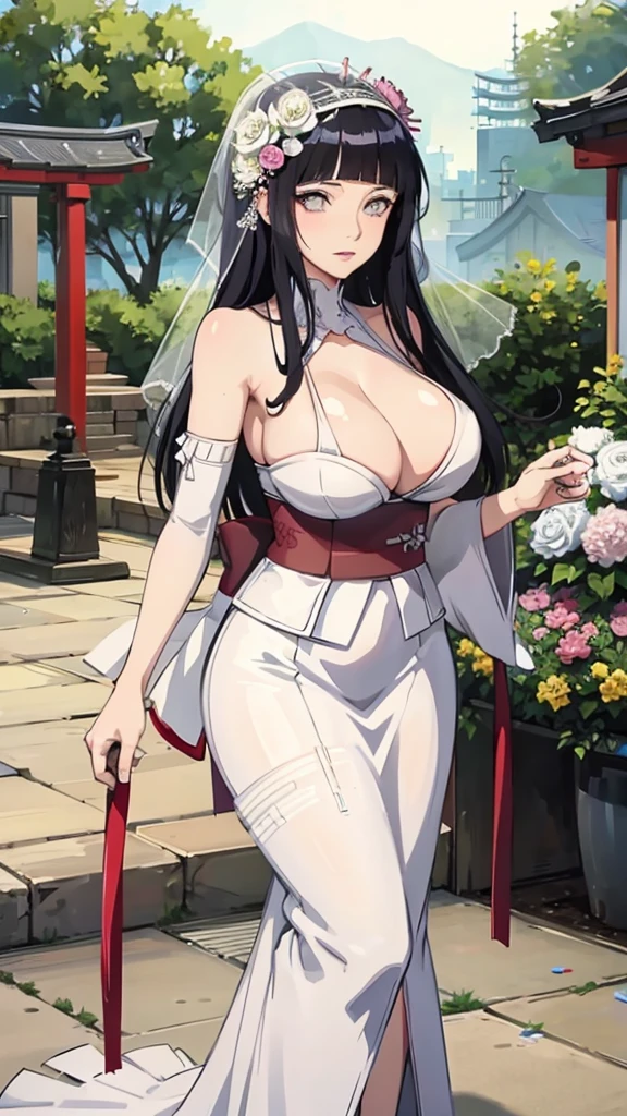 Hinata hyuga with huge breasts in a wedding dress with a huge veil neckline and bouquet in the courtyard of a Japanese temple 