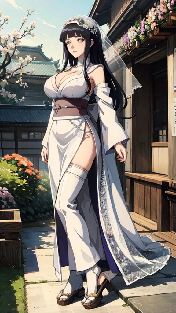 Hinata hyuga with huge breasts in a wedding dress with a huge veil neckline and bouquet in the courtyard of a Japanese temple 