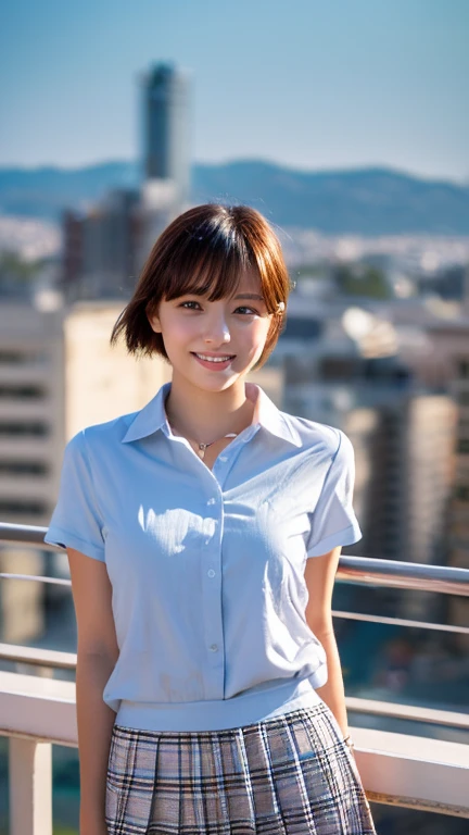 (masterpiece:1.3, Highest quality, Ultra-high resolution, Very detailed), (Realistic:1.1, photoRealistic:1.4), beautiful photo, Perfect lighting, colorful, Written boundary depth,
Beautiful detailsまでこだわった髪, Beautifully detailed face, Beautiful details, Beautiful clavicle, Beautiful body, Beautiful breasts, Beautiful thighs, Beautiful feet, Beautiful fingers,
View your viewers, 1 girl, Japanese, high school girl, Perfect Face, (Perfect Anatomy, Anatomically correct), Cute and symmetrical face, , Sunburn, Glowing Skin,
(Medium Hair:1.5, blonde), Asymmetrical bangs, blue eyes, Long eyelashes, (Center of chest), thin,
((Collared short-sleeved shirt, Light blue shirt, , Grey plaid pleated skirt, To the Navy)), Sexy see-through white lace panties,
(Beautiful views), evening, (Outdoor, distant cityscape), Are standing, (peace sign), (Cute Smile, blush、Upward glance, Open your mouth),