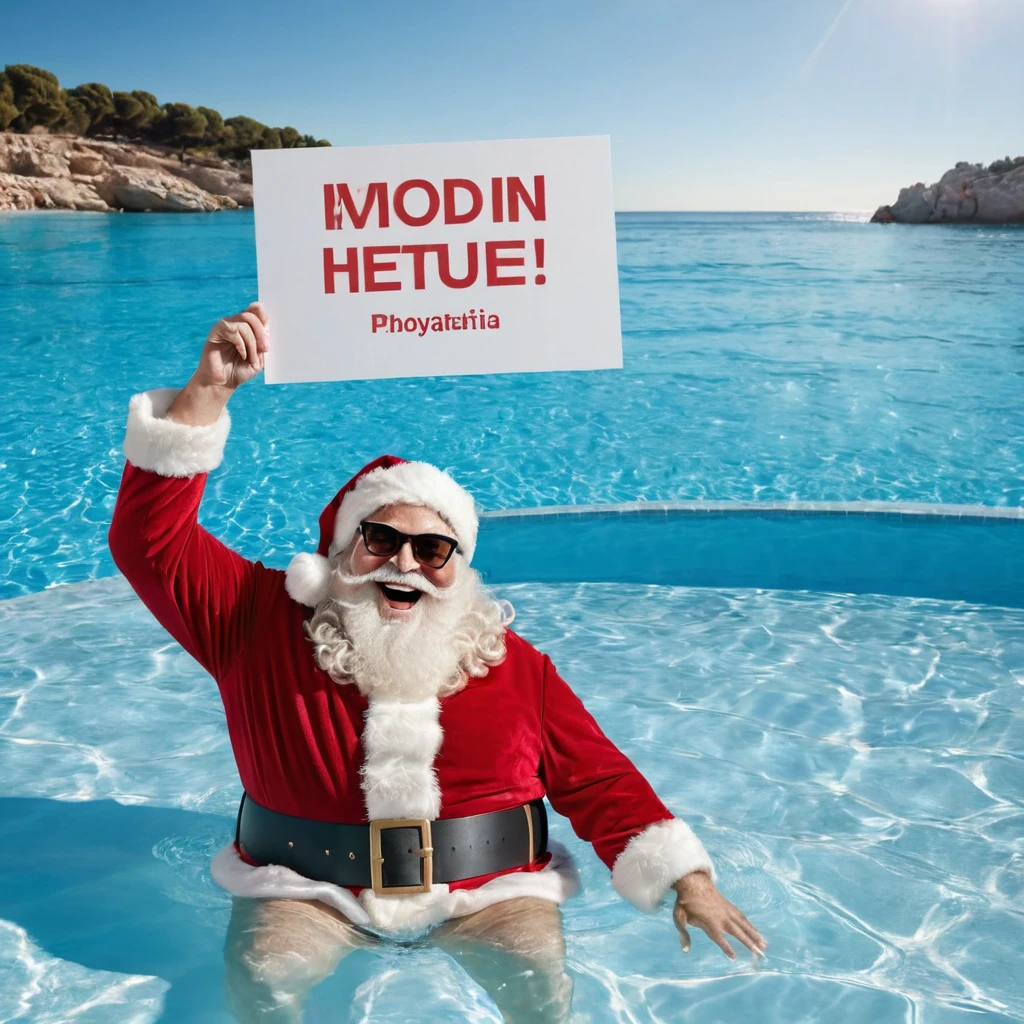 Captures an image from different angles of a very large pool in which there are white rectangular signs floating on the water without any text, all the same and of the same size and in the center of the pool there is floating in the water a fat and smiling Santa Claus bathing with sunglasses and very happy and holding a large blank sign with his hands above his head, everything takes place under a radiant sun on a Mediterranean beach with impressive lighting for a perfect shot. professional photography, 8k, RAW photo, The best quality, masterpiece, photorealistic, Highly detailed, cinematic lighting, sharp focus, réflex digital, high resolution, photorealistic, 