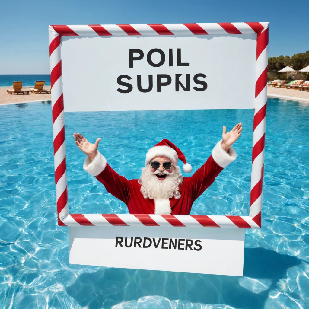 Captures an image from different angles of a very large pool in which there are white rectangular signs floating on the water without any text, all the same and of the same size and in the center of the pool there is floating in the water a fat and smiling Santa Claus bathing with sunglasses and very happy and holding a large blank sign with his hands above his head, everything takes place under a radiant sun on a Mediterranean beach with impressive lighting for a perfect shot. professional photography, 8k, RAW photo, The best quality, masterpiece, photorealistic, Highly detailed, cinematic lighting, sharp focus, réflex digital, high resolution, photorealistic,