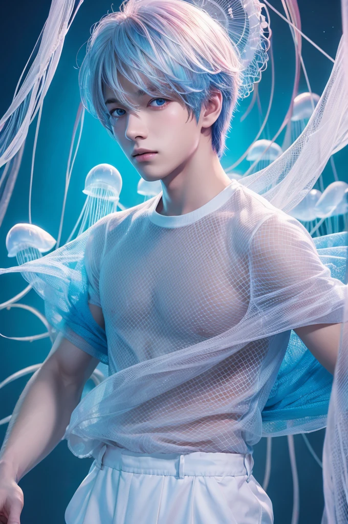 ung man，Jellyfish motif，Anime illustration，Hair color is white，Light blue mesh，Eyes are dark red，Handsome，high resolution，