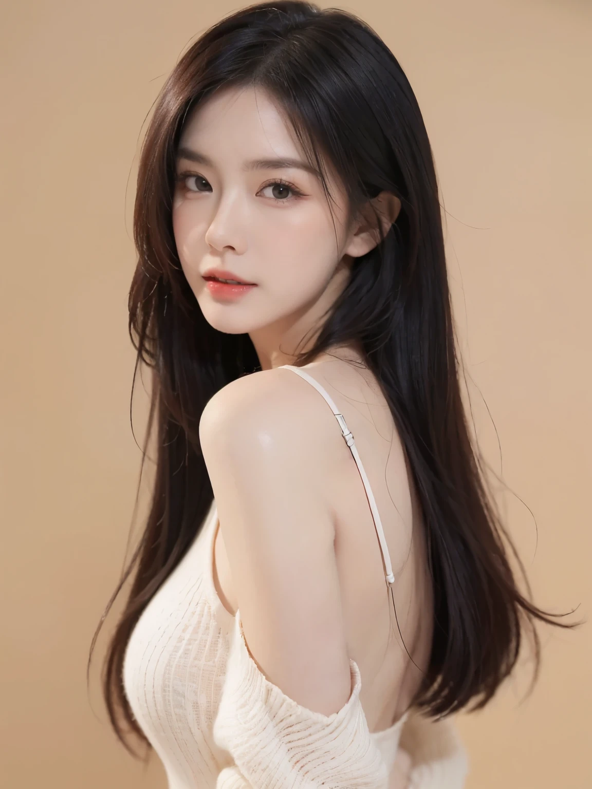 (Ultra-realistic, high resolution, 8k wallpapers, masterpiece) , Complete dynamic configuration, minimalist Background, beautiful detailed eyes, normal sized eyes, long straight hair, red hair vibrant lips, big bust, Random and plain generic poses, random case, winked, 31 year old woman, Korean woman, (drooping eyes 1.2), (sagging eyebrows 1.2), very beautiful appearance, slim body, natural makeup,