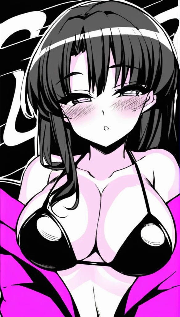 have very large breasts、A Japanese woman in her 20s with black hair wearing a sexy bikini.
Please color and draw, Japanese anime from the 90s.