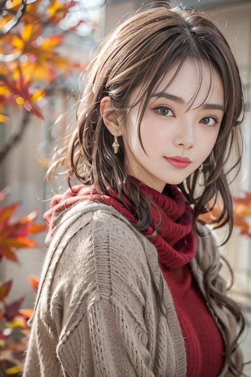 sitting on a park bench、(RAW shooting), (((Overall image)))、３５age、((Red sweater with high neck))、White scarf around neck、Long thin earrings、Round eyes、Cheek on ear、correct、make、smile、Biting the lower lip、Soft lips、誘惑的なsmile、Sparkle、Darker lipstick、Cheek on nose、(Autumn leaves)、((Watery eyes))、Asymmetrical Hair、Real Skin、Blonde Hair、Very realistic,Gray Hair、Messy Hair、Hair behind the ear、Floating Hair、Short Hair、Boyish Hair、Blunt bangs、Drop Shadow、Hyperrealism、Contemporary Art、shine、reflected light、Ultra Wide Angle、16K、Super detailed、最high quality、uhd、Anatomically correct、Awards、最high quality、Ultra high detail、high quality、High resolution、Textured skin、correct、masterpiece、((Cold Pose：1))、(((Shoot from different distances and angles:1.5)))、Super close-up of the face