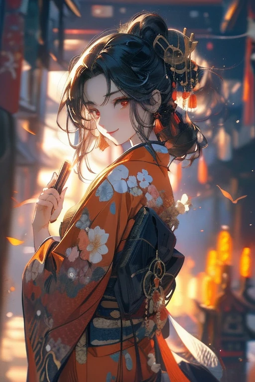 Perfect face. Perfect hands. A black haired woman with orange eyes in a pretty kimono is holding a ball of fire at the shrine with a big smile