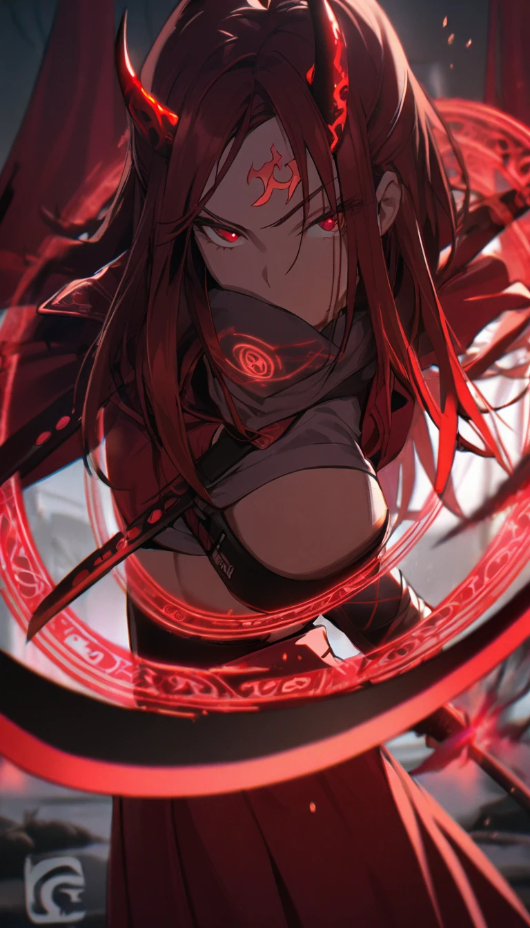 1girl,red straight curtain hair revealing forehead,long face,red eyes,school dress ,red blazer with logo,high waisted red skirt,standing, serious,red glowing eldritch magic circle, perfect body,closer,carrying two blades on her back,big demon horns, ninja,closeup