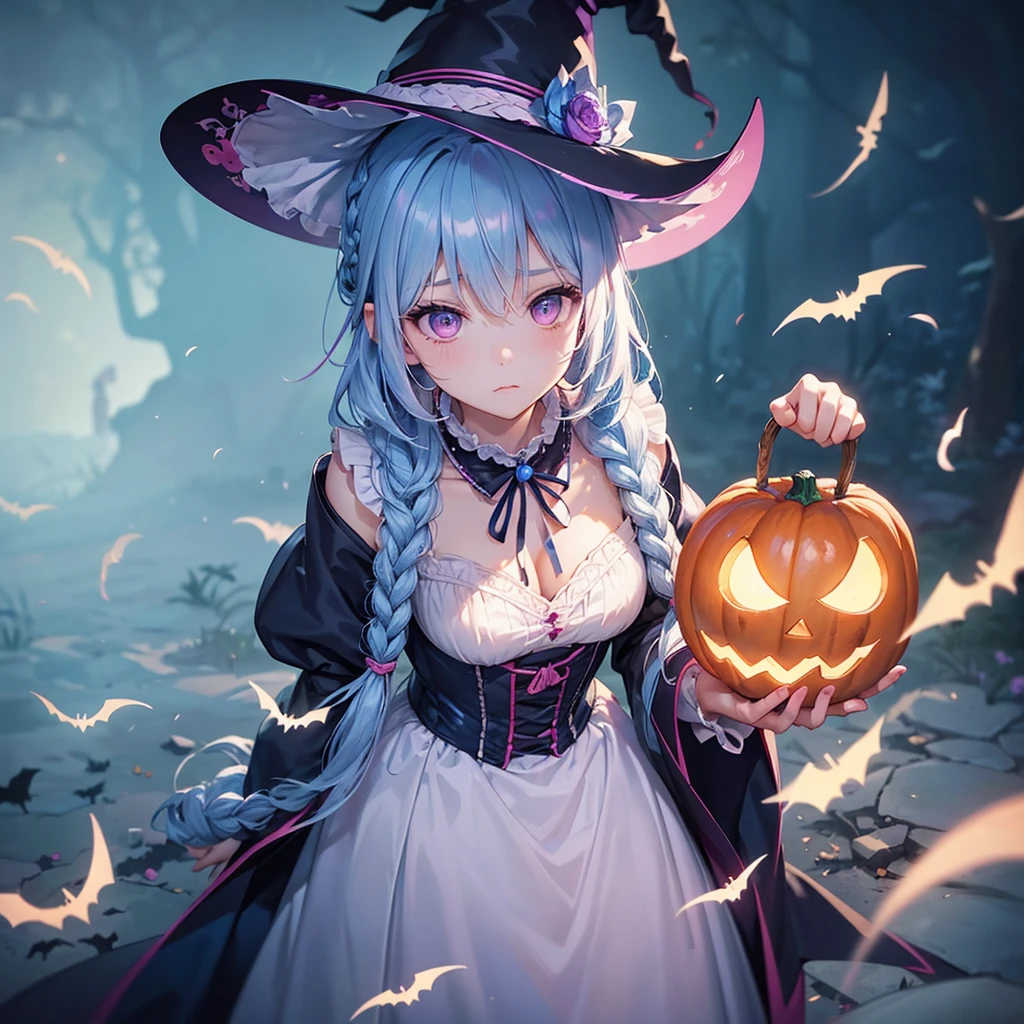 (Light blue medium hair:1.2),(Braided hair:1.2)、Pink eyes、Fair skin、cowboy shot、Halloween、The background is a pumpkin ghost、Crescent Moon、Trick or Treat、A lot of sweets、witch、Halloween night、Candy、many bat、Condescending expression、solo、(masterpiece、Highest quality、Very detailed、Best Shadow)、(Detailed Background)、(Beautifully detailed face)、High contrast、(Best lighting、Very delicate and beautiful)、(Cinematic Light)、colorful、Hyper Detail、Dramatic Light、Exquisite detail、