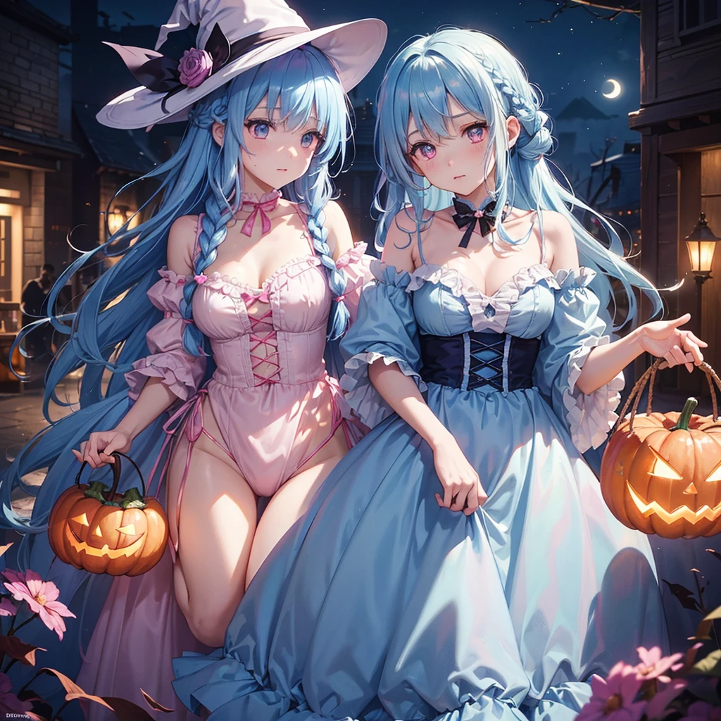 (Light blue medium hair:1.2),(Braided hair:1.2)、Pink eyes、Fair skin、cowboy shot、Halloween、The background is a pumpkin ghost、Crescent Moon、Trick or Treat、A lot of sweets、witch、Halloween night、Candy、many bat、Condescending expression、solo、(masterpiece、Highest quality、Very detailed、Best Shadow)、(Detailed Background)、(Beautifully detailed face)、High contrast、(Best lighting、Very delicate and beautiful)、(Cinematic Light)、colorful、Hyper Detail、Dramatic Light、Exquisite detail、