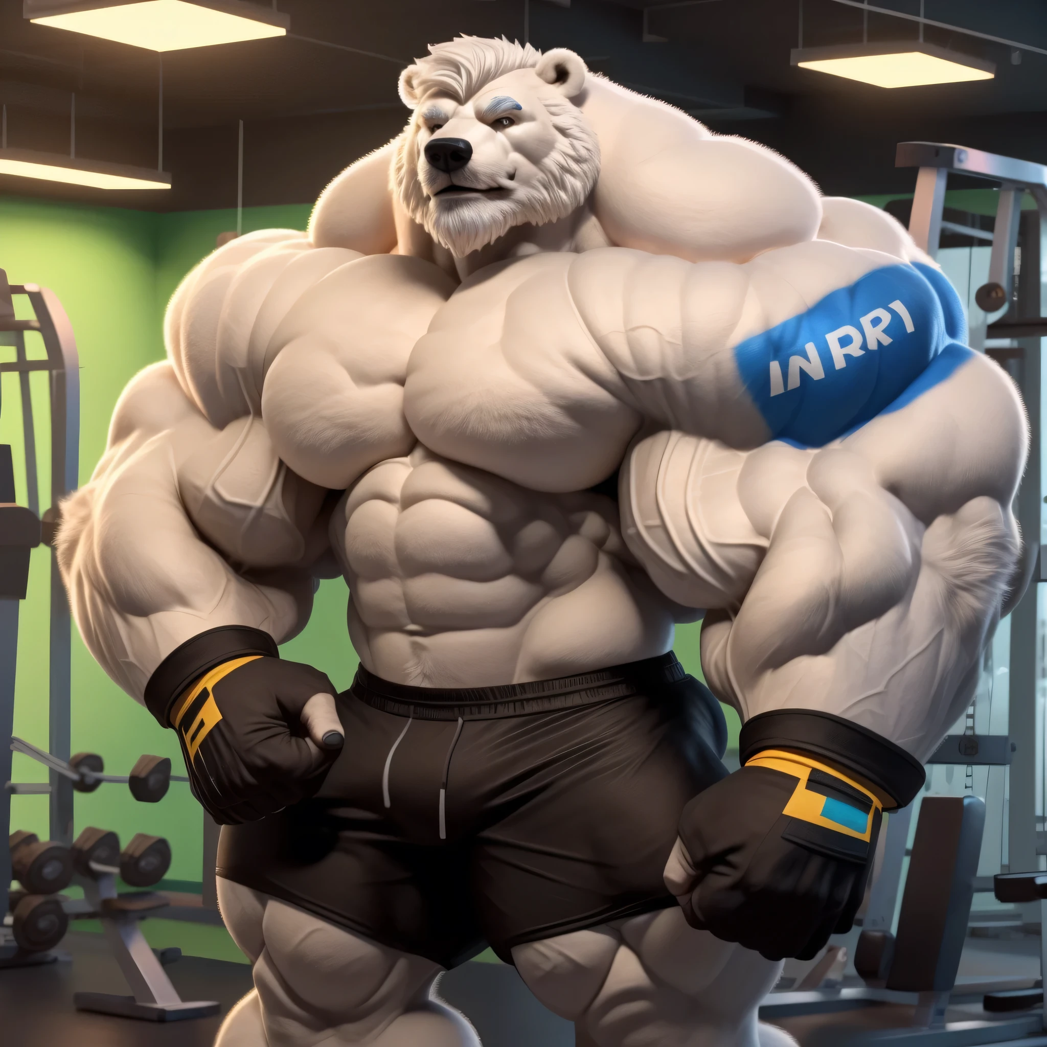 solo, 1boy, Huge Muscular White Polar Bear, huge white fur, pectoral, huge pectoral, wide pectoral, short white hair, ((really big muscle, massive muscular, sixpack, huge fluffy white fur, thick arms, wide pectoral, super huge muscle, hyper muscular, over sized muscle, huge arms, big arms, huge pectoral)), black gym shorts, black wristbands, fingerless gloves and shirtless and topless, white bearded, white Mustache, white fur, grey eyebrows, gym fitness center background, masterpiece, high detailed, 8k, high resolution, at the gym, flexes huge thorax, looking at the viewer, acting all hunk