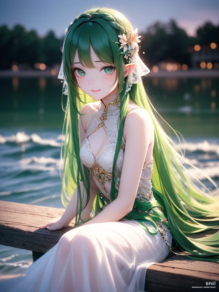 (master piece),(4k),high quality,flat chest,1girl,elf,long green hair,pale skin,beautiful detailed green eyes, (Highly detailed elegant),(girly green clothes),Detailed skin,Add a dramatic and symbolic element to your scene, Silky to the touch, Hyper Detail,romantic,captivating smile, looking at viewer,Depth of Field, (rich and colorful),(sitting by the water), surrounded by running water,The tranquil and dreamy atmosphere gives the whole scene warm and charming temperament,film lighting,glow body