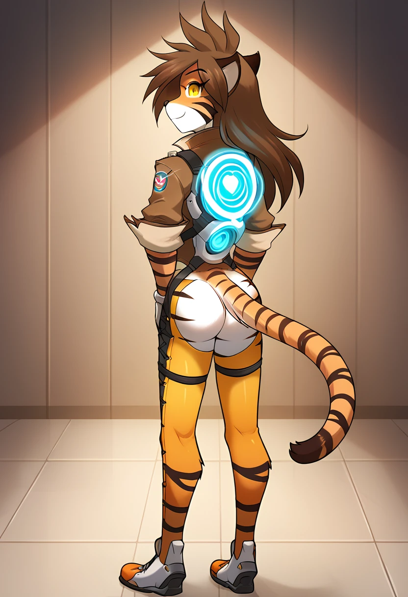 score_9, score_8_up, score_7_up, score_6_up, score_5_up, score_4_up, rating_explicit, source_furry, female, cute anthro female, cute face, detailed background, looking at viewer, solo, solo focus, (digital pen line-art, soft lines, soft shading, pinup, cartoon, anime:1.4), (tkflora, tiger, striped fur, keidran, yellow eyes, anthro:1.2), (tracer \(Overwatch), jumpsuit:1.2), smile, smug, full body, long hair, back view, smug, ass, orange pants