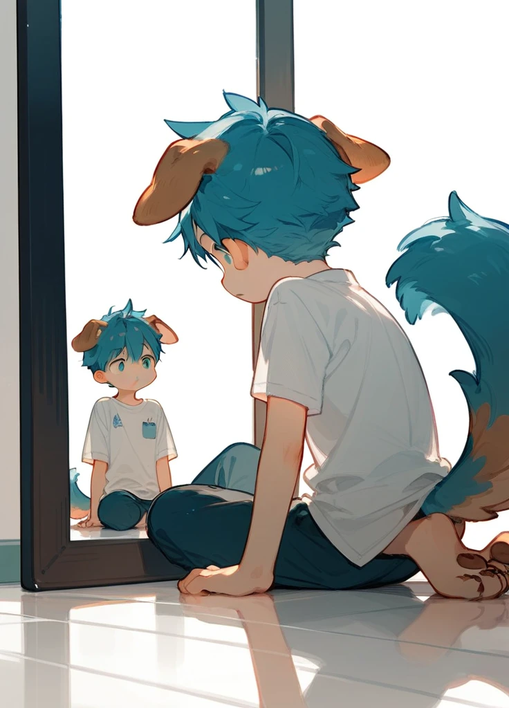 a person sitting on a floor looking into a mirror with a blue cat head, male focus, 1boy, animal ears, solo, tail, shirt, simple background, white background, dog tail, white shirt, shota, ショタ