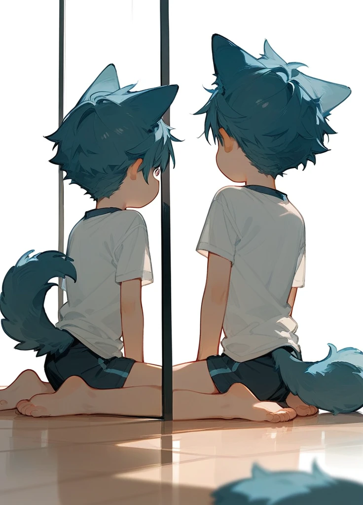 a person sitting on a floor looking into a mirror with a blue cat head, male focus, 1boy, animal ears, solo, tail, shirt, simple background, white background, dog tail, white shirt, shota, ショタ
