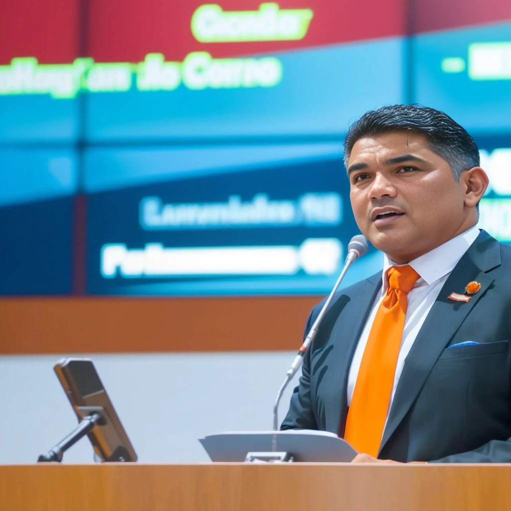 sharp man in orange suit and tie speaking at a podium, eloymorales, joel torres, pedro correa, ivan bolivian, Jose Moncada, Herald Ortega, giga chad capaybara, luiz escanuela, Kano Tan'yū, ramil sunga, pablo perdomo, that was vomited, carlos ortega elizalde