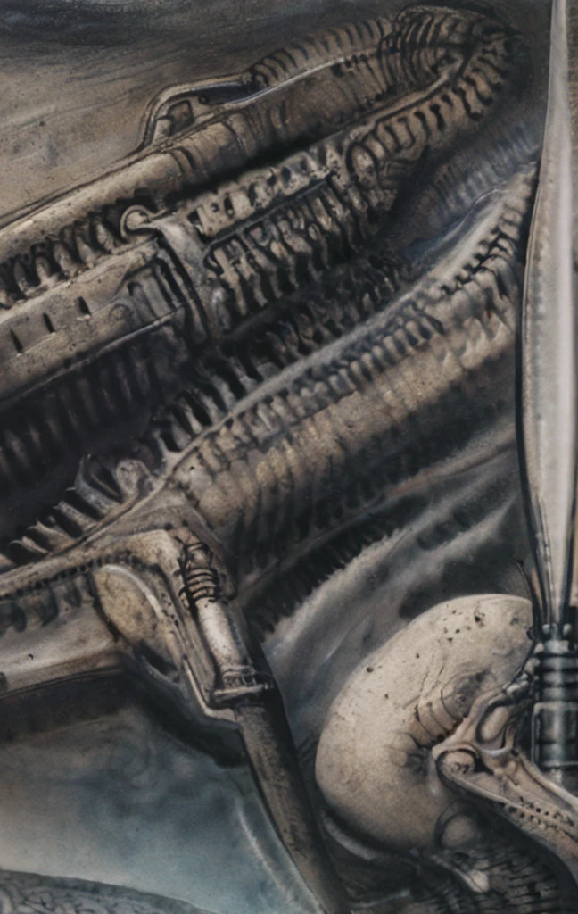 g1g3r, The image is a detailed view of H.R. Giger's biomechanical tableau \" LANDSCAPE No 312 \" plate, featuring
a complex, intricate, and detailed design of endless Machine in the transit spaceover the cascade of fallen water, that appears to be a fusion of organic and mechanical elements, with a focus on the interplay between the two.The piece is a tableau, most likely created with a India ink pen or pencil on paper, determined by the thin lines, shading techniques, and the texture of the paper, which is visible around the edges.
Used is pen, given the shading and variations in line weight visible in the image. Artist have used a variety of stylus with different degrees of hardness to achieve the shading effects.
 The use of undersaturated green-grays dark contrasts creates a stark and graphic look. Is used a variety of linework techniques to create different textures. Fine, parallel lines create a smooth, metallic texture,while thicker, more cursive lines suggest cables or wires.
Light source from the top highlights skeletals, pper part of foreground, lower part of image is in shadowupper part of foreground, lower part of image is in shadow.
The art performance showcases the artist’s skills in observation and rendering. The level of detail in the piece suggests a close study of real bone specimens and mechanics. The artist has skillfully used shading techniques to create a convincing illusion of three-dimensionality on a flat surface. The wrinkles and cracks in the surface, and the cast shadows with accuracy, used shading techniques to create a realistic depiction of light and shadow on the objects. This creates a sense of depth and dimension in the image. The artist has used careful linework to depict the contours and textures in the piece
Sharp focus on foreground elements illustration. Deep and delicate DOF. Big painting. Stored in Louvre masterpiece, ooze soaked pajama top
