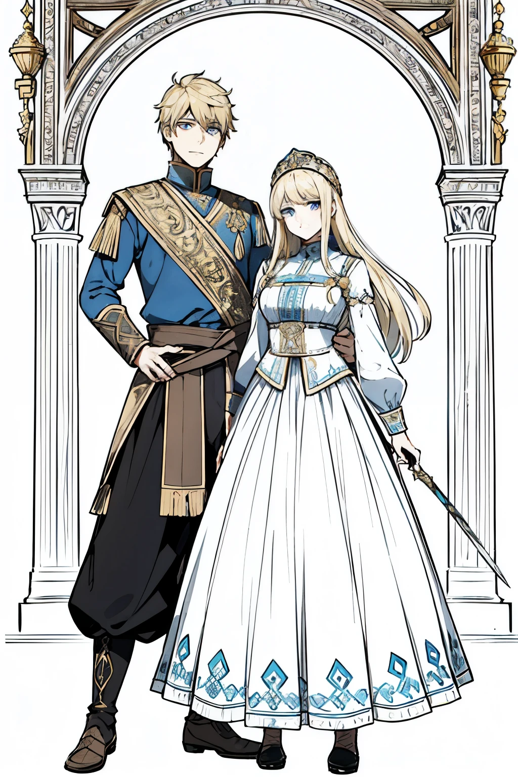 masterpiece, of the highest quality, high resolution,
Alyonushka and Ivanushka, the charming characters from the Russian folk tale,
Alyonushka, young and beautiful with long blonde hair, wearing a traditional Russian dress with intricate embroidery,
Ivanushka, her protective brother with short brown hair, wearing a simple but sturdy Russian tunic,
Alyonushka with her bright blue eyes filled with determination and kindness,
Ivanushka with his strong jawline and kind smile,
Alyonushka with her hands on her hips, a confident pose,
Ivanushka with his hand on his sword, a protective stance,