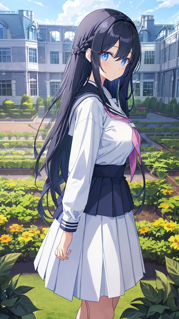 best quality, extremely detailed,anime style girl,long hair down to the waist, straight hair, ((dark black hair with bluish)),braid,beautiful detailed eyes, pinched eyes, (dark blue eyes),huge breasts,curvy,((((white main brightly colored princess school uniform)))),clothing with complex patterns,cool expression,((((school garden)))),from side