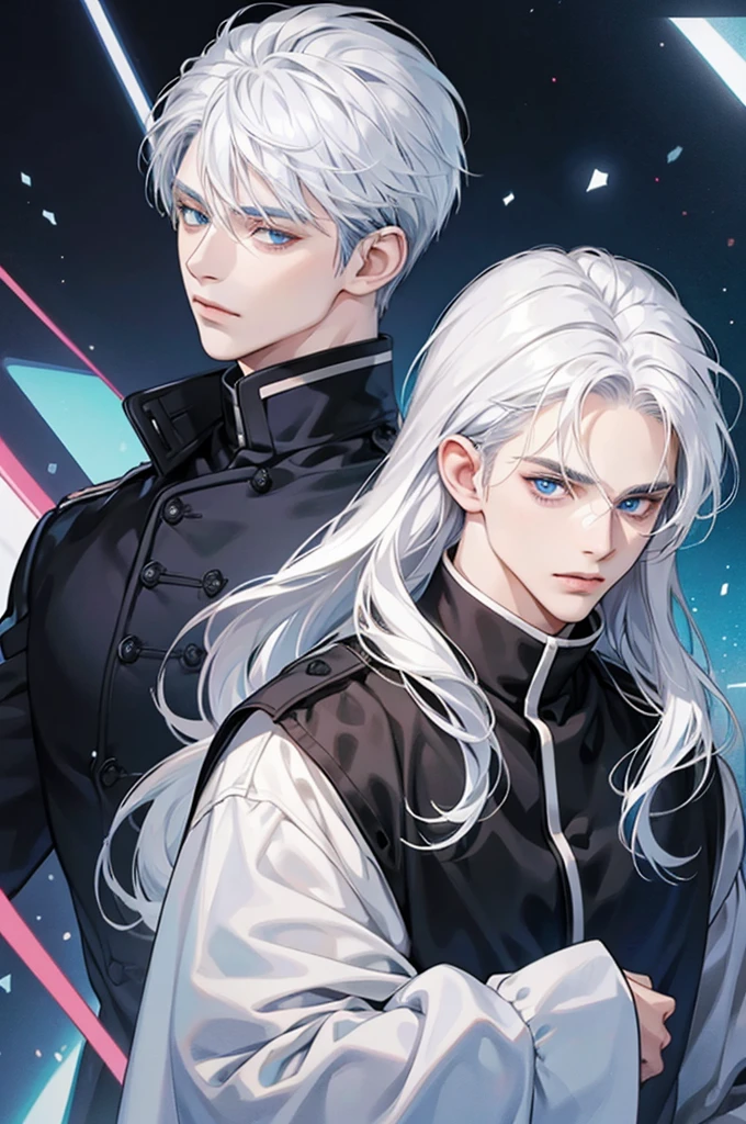 2person,   white hair, blue eyes and long hair, Man with blue-black hair and dark blue eyes anime. 