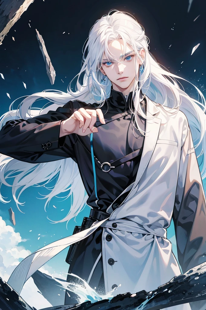 2person, white hair, blue eyes and long hair, Man with blue-black hair and dark blue eyes anime.