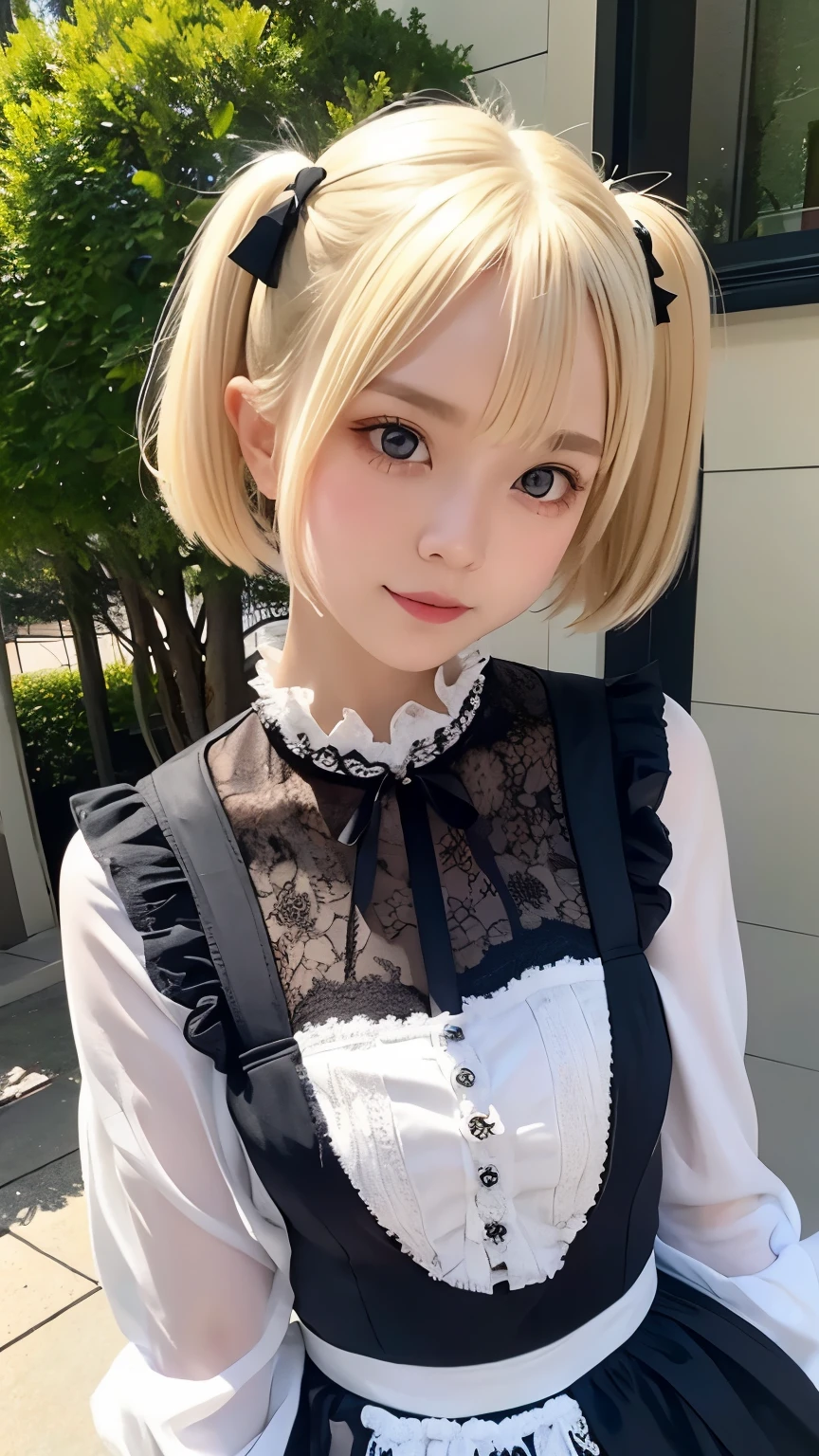 (Highest quality、masterpiece、Very detailed、One Girl、Cute Face、Silky Short Blonde、(((short hair with twin tails、Short Bob Twin Tail)))、Grey Eyes、From the knee up、Gothic ta Fashion、Very detailed目、Small red cheeks and nose、Cute Face、