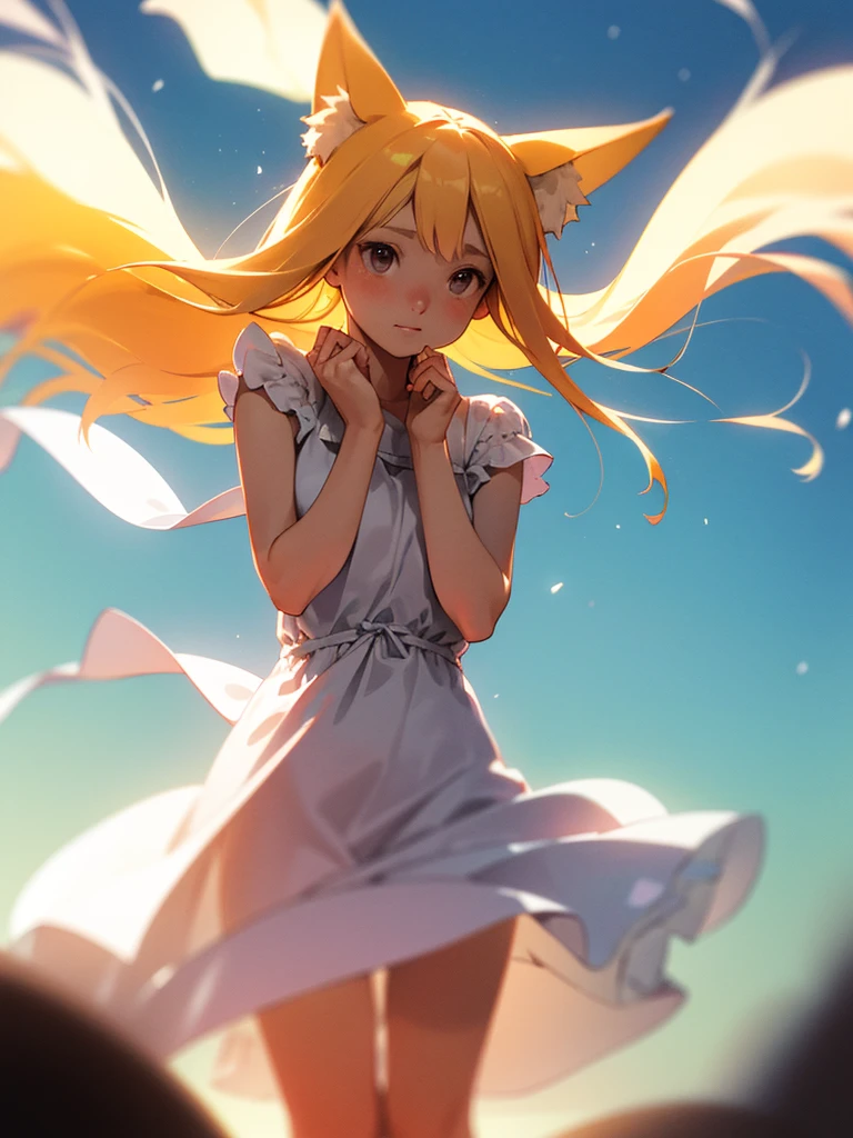 (Sumilux f1.4 24mm , low Latitude old color negative film , cross process , bokeh, flare, chromatic aberration , soft focus, (Shallow focus) , soft glow , Maximum aperture, High Key , Transparent depiction) , dynamic wide angle , Girl peering in , fox ear , Summer dress, strong wind , The hem flutters