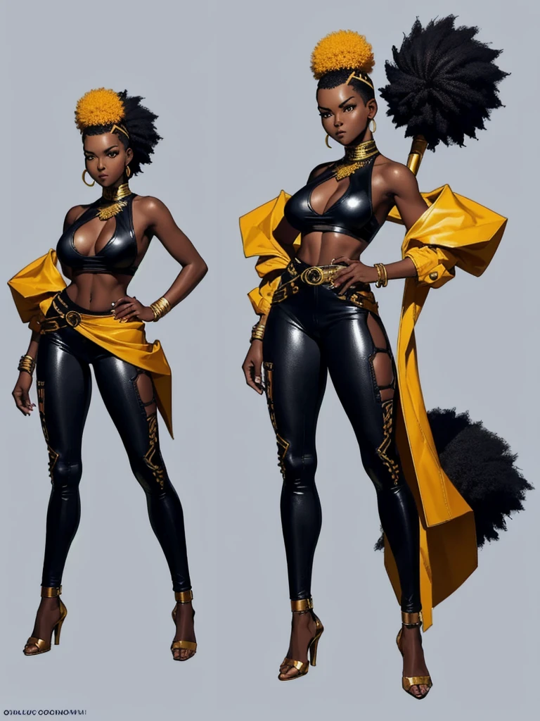 ((best quality)), ((4k)), ((highres)), ((masterpiece:1.2)). ((detailed)), ((ultra realistic)), ((intricate details)), ((full body picture)), ((character design sheet)), ((solo character)), a full body picture of a beautifull Ebony skinned female, black woman, dark skin, perfect face, detailed eyes, detailed lips, about 25 years old, about 5'5 ft. tall, punk black woman, punk style, afro-punk, afro-punk hair style, side shaved hair ((emphasis on her side shaved hair)), side-shaved afro hair style, ((emphasis on her side-shaved afro hair style)), muscular body, hourglass body type, thick and muscular, dressed in a golden top ((emphasis on her gold tank top)), and black leather pants, high heels, fighting game character concept art, tekken character design, the king of fighters character concept, full bofy, full body concept art, full body art