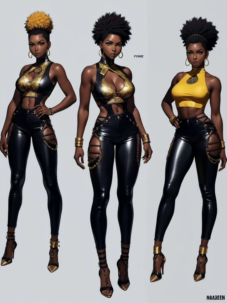 ((best quality)), ((4k)), ((highres)), ((masterpiece:1.2)). ((detailed)), ((ultra realistic)), ((intricate details)), ((full body picture)), ((character design sheet)), ((solo character)), a full body picture of a beautifull Ebony skinned female, black woman, dark skin, perfect face, detailed eyes, detailed lips, about 25 years old, about 5'5 ft. tall, punk black woman, punk style, afro-punk, afro-punk hair style, side shaved hair ((emphasis on her side shaved hair)), side-shaved afro hair style, ((emphasis on her side-shaved afro hair style)), muscular body, hourglass body type, thick and muscular, dressed in a golden top ((emphasis on her gold tank top)), and black leather pants, high heels, fighting game character concept art, tekken character design, the king of fighters character concept, full bofy, full body concept art, full body art