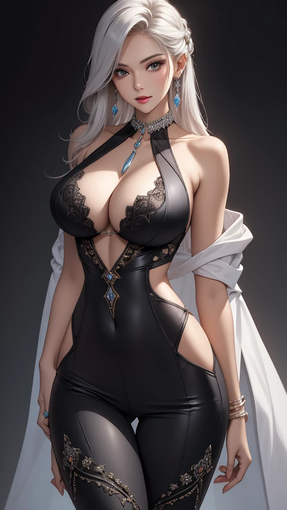 Closeup, Best quality, masterpiece, realistic, Beautiful sexy cool tall, slim, fit woman, wearing fancy silver-white sequin top and black pants, intricate and highly detailed, cleavage, long silver hair, body chain, jewelry.