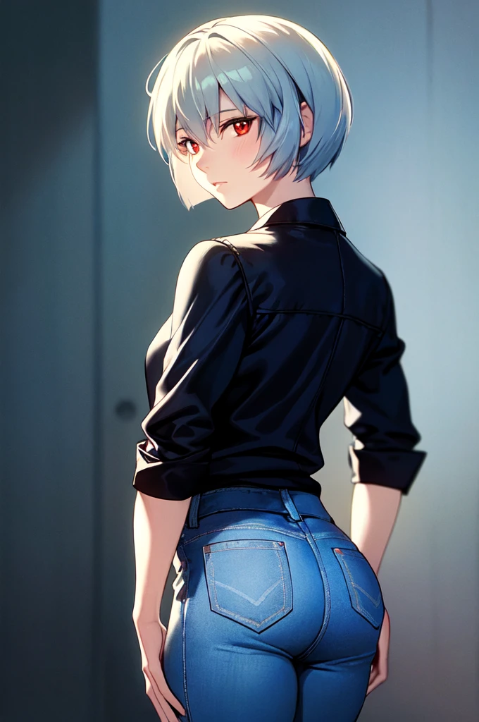 {{{Neon Genesis Evangelion, Rei Ayanami:1.9}}}, 8k, Best Quality, Super detailed, It is high resolution., Highly detailed CG, Clear, Best aesthetic, Great shading, (Photorealistic:1.3), High contrast, Ultra-thin illustration, Shrinkage rate, Beautiful detailed eyes, Beautiful detailed skin, Realistic skin, Beautiful detailed hand, Beautiful detailed fingers, Beautiful detailed hair, Detailed hair, Beautifully detailed ears, Beautiful Detail Lip, Professional Lighting, Beautiful detailed backgrounds, Very realistic backgrounds, 1 Girl, Solo, Age 25, Beautiful woman, (((Glossy pale hair, Bobcut))), (Hair between the eyes), (Dark red eyes), Inner camisole, Black jacket, jeans, Movement angle, Lip gloss, Cowboy Shot, full body, blush, Expressionless, Room of Xicheng, Fuck from behind,