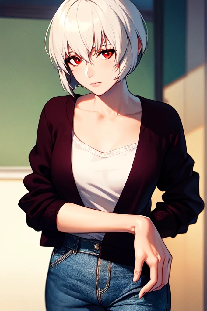 {{{Neon Genesis Evangelion, Rei Ayanami:1.9}}}, 8k, Best Quality, Super detailed, It is high resolution., Highly detailed CG, Clear, Best aesthetic, Great shading, (Photorealistic:1.3), High contrast, Ultra-thin illustration, Shrinkage rate, Beautiful detailed eyes, Beautiful detailed skin, Realistic skin, Beautiful detailed hand, Beautiful detailed fingers, Beautiful detailed hair, Detailed hair, Beautifully detailed ears, Beautiful Detail Lip, Professional Lighting, Beautiful detailed backgrounds, Very realistic backgrounds, 1 Girl, Solo, Age 25, Beautiful woman, (((Glossy pale hair, Bobcut))), (Hair between the eyes), (Dark red eyes), Inner camisole, Black jacket, jeans, Movement angle,　Lip gloss, 　Cowboy Shot, full body, blush, Expressionless, Room of Xicheng, Fuck from behind,