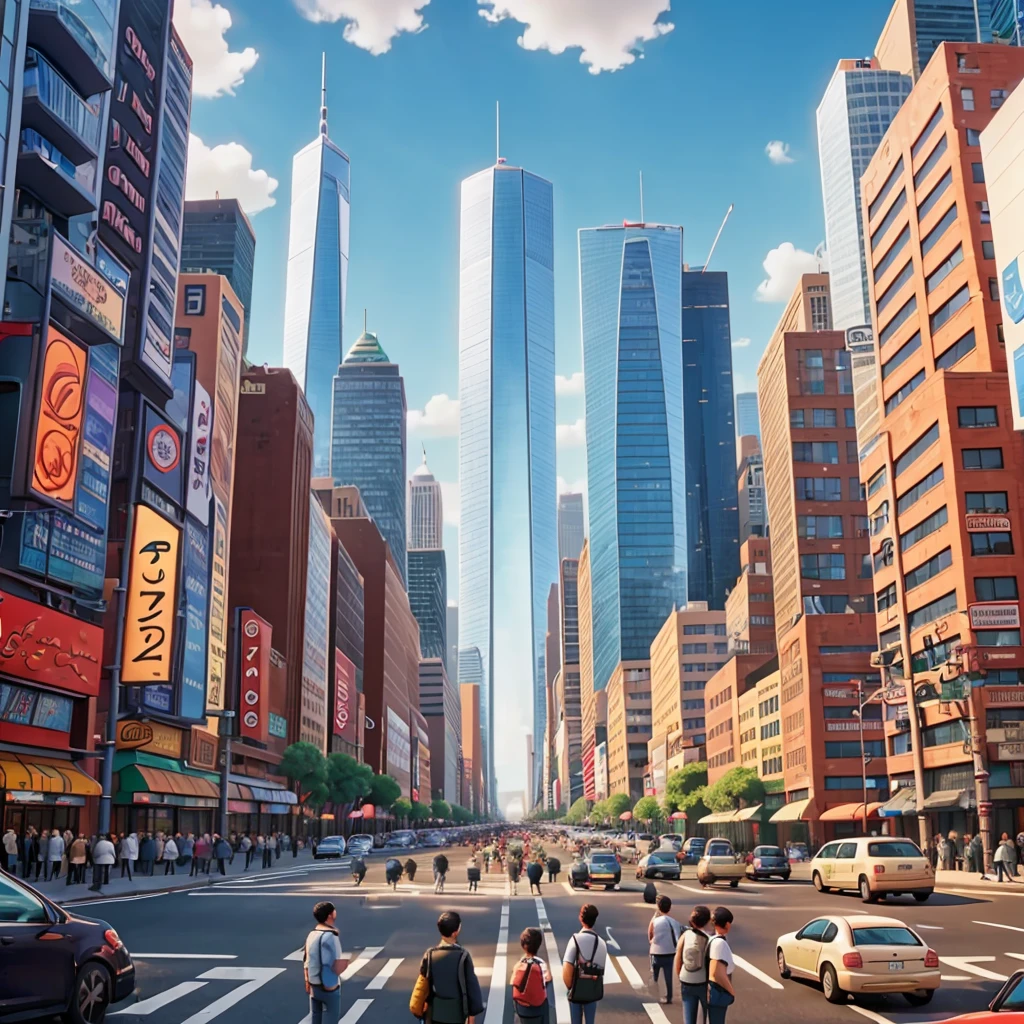In the city that is crowded with cars and people(ask cartoon)