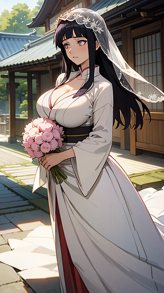 Hinata hyuga with huge breasts in a wedding dress with a huge veil neckline and bouquet in the courtyard of a Japanese temple 