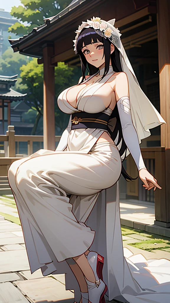 Hinata hyuga with huge breasts in a wedding dress with a huge veil neckline and bouquet in the courtyard of a Japanese temple 