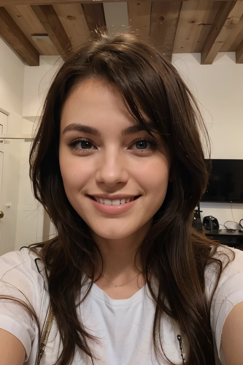 beautiful brunette view from front, with a big smile with nice tits 