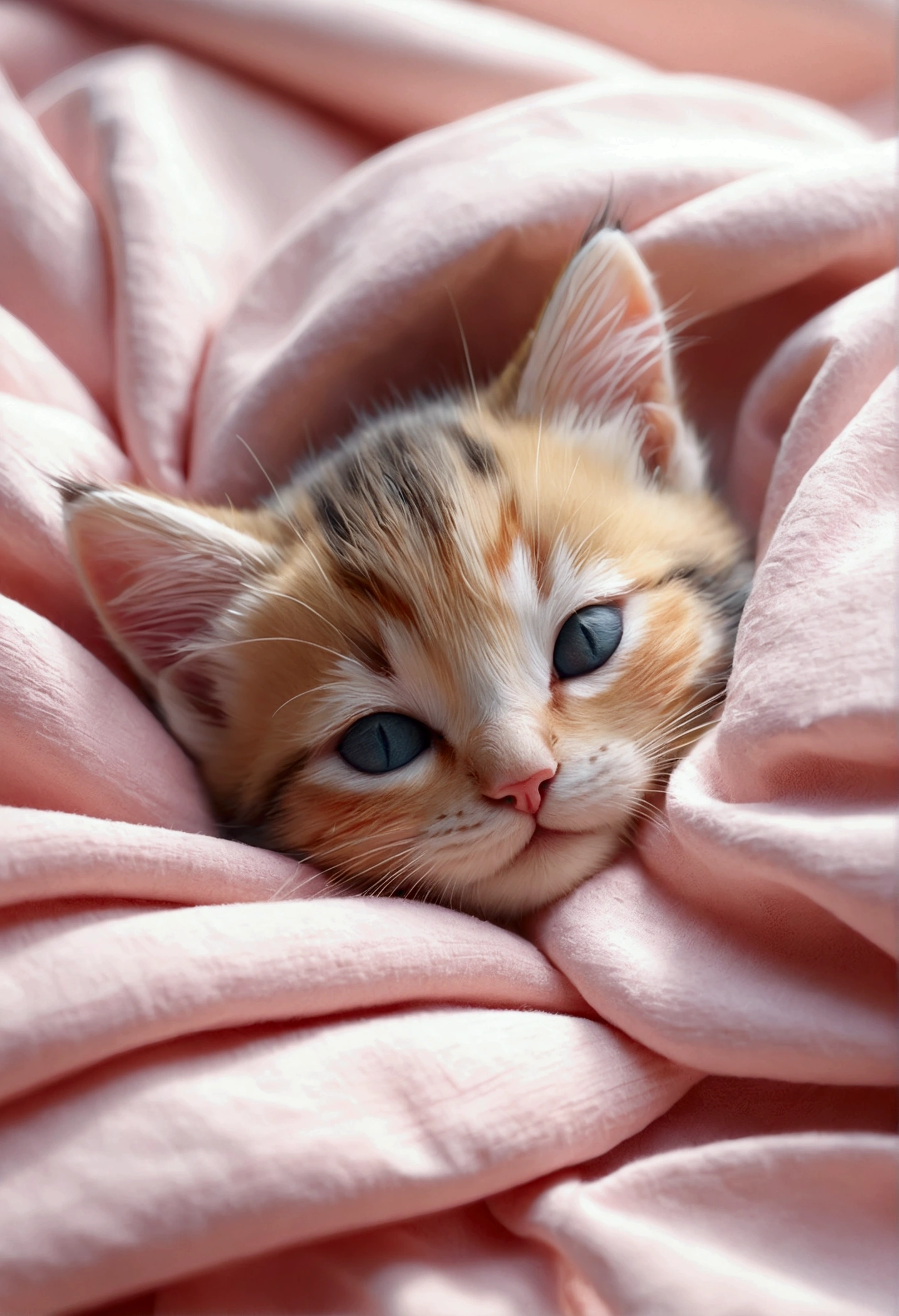眠っている美しいbaby, Kitten sleeping in bed, Volumetric Light, Ultra-realistic, Intricate details, shape, Painting, watercolor, Cute Chibi, baby, ah!, Shallow depth of field, Pastel Color Palette, Soft lighting, Minimum, Modern, Digital Painting, Lois Van Belle、Ross Tran、Art by artgerm, Artstation HQのトレンド, Very detailed,sleep,Are sleeping