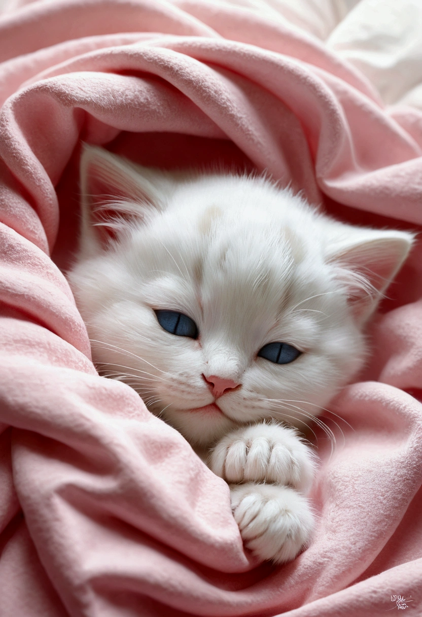 眠っている美しいbaby, Kitten sleeping in bed, Volumetric Light, Ultra-realistic, Intricate details, shape, Painting, watercolor, Cute Chibi, baby, ah!, Shallow depth of field, Pastel Color Palette, Soft lighting, Minimum, Modern, Digital Painting, Lois Van Belle、Ross Tran、Art by artgerm, Artstation HQのトレンド, Very detailed,sleep,Are sleeping