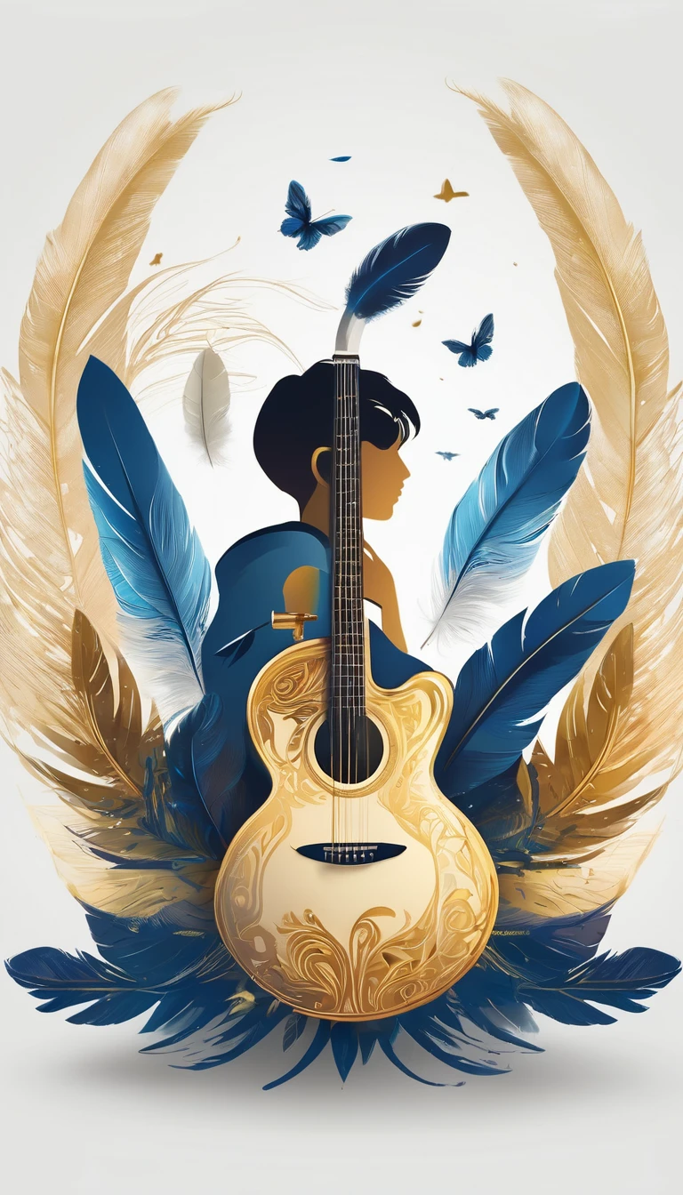 Create a cinematic, abstract symbol for a storytelling production brand based on stories and dreams called " Penamemoria". The logo should convey a fantasy theme and include the company of a boy and a feather. Fantastic, memorable, poetic, dreamy, sitting against a tree and playing guitar to a fantastic, unique, poetic white-blue-golden feather.