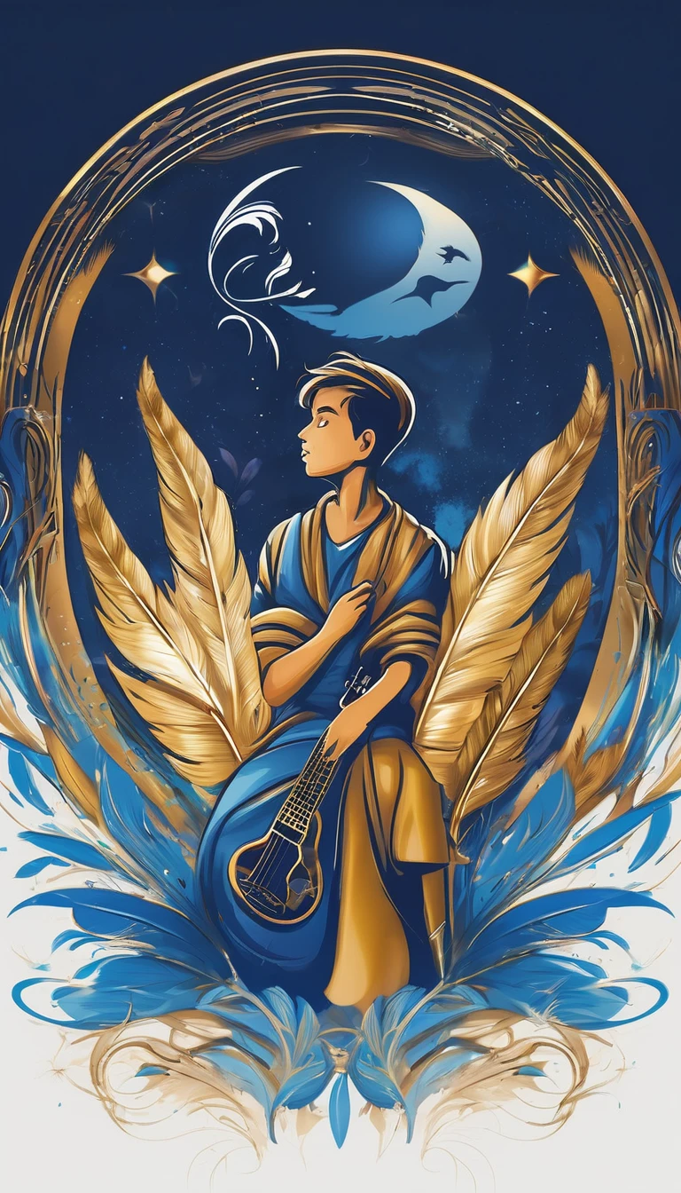 Create a cinematic, abstract symbol for a storytelling production brand based on stories and dreams called " Penamemoria". The logo should convey a fantasy theme and include the company of a boy and a feather. Fantastic, memorable, poetic, dreamy, sitting against a tree and playing guitar to a fantastic, unique, poetic white-blue-golden feather.