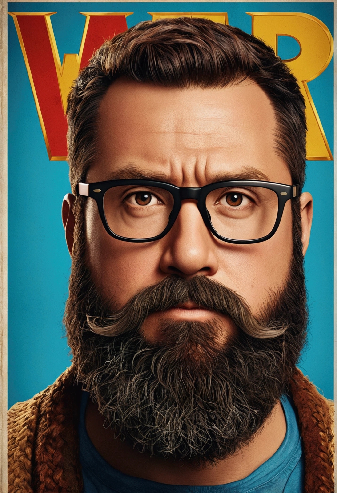 Create a poster inspired by Disney Pixar movies, A 41-year-old man appears, Glasses with thick frames, Viking style full beard. The title of the poster is「war」Digital art must be Pixar style, Reminiscent of an anime movie.