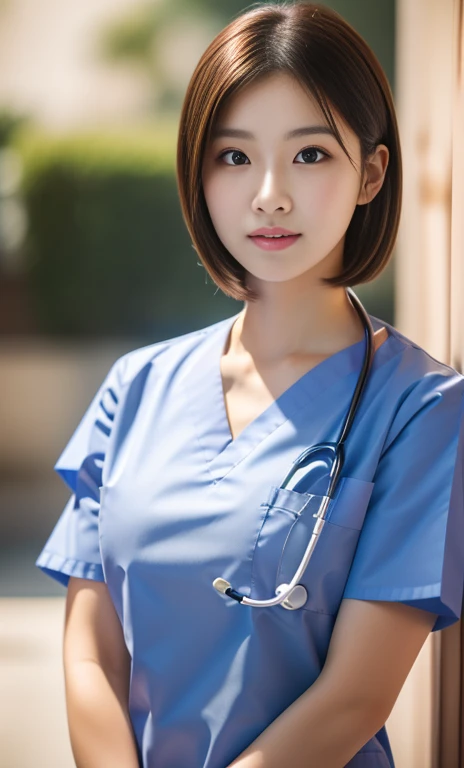 (Ulzzang-6500-v1.1, masterpiece, highest quality:1.3, ultra-detailed 8k:1.2, hyperrealistic:1.35, raw photo:1.2, highest quality, high resolution, wallpaper, realistic, dramatic, realistic painting art by midjourney:1.3, 1 nurse, 28yo, pink nurse uniform, short white tight skirt:1.3, walking in a hospital, super beautiful, beautiful skin, detailed face, symmatrical face, double eyelid, beautiful and detailed eyes, friendly kind smile, beautiful glossy lips, snaggle-tooth, short bob hair, ponytail, chest strengthening, ample , emphasize body line, perfect style, cowboy_shot, bokeh background, natural soft light)