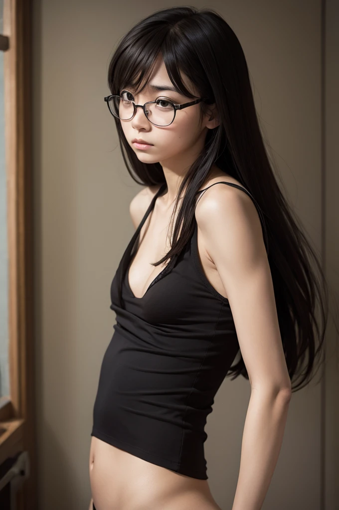 Malnourished woman, small ass, small breasts, long hair and black eyes and a shy face with black glasses, the scene is on her four (sad style)