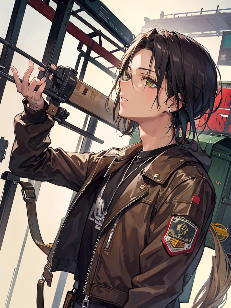 Young Italian  boy with black hair, brown leather jacket white top and jeans smirking holding a gun