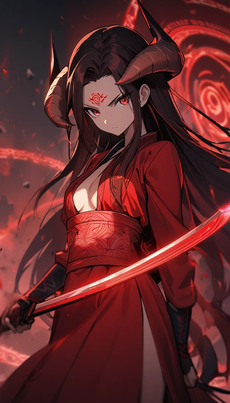 1girl,red straight curtain hair revealing forehead,long face,red eyes, ,red blazer with logo,high waisted red skirt,standing, serious,red glowing eldritch magic circle, perfect body,closer,carrying two blades on her back,big demon horns, ninja,closeup