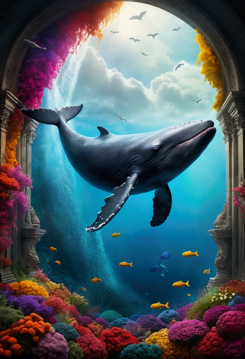 (Flying Whale), nestled in a colorful hidden nook between the sheer, multi-colored, colorful the misty wind creating an ethereal background, full body, award-winning, cinematic still, emotional, vignette, dynamic, vivid, (masterpiece, best quality, Professional, perfect composition, very aesthetic, absurdres, ultra-detailed, intricate details:1.3)