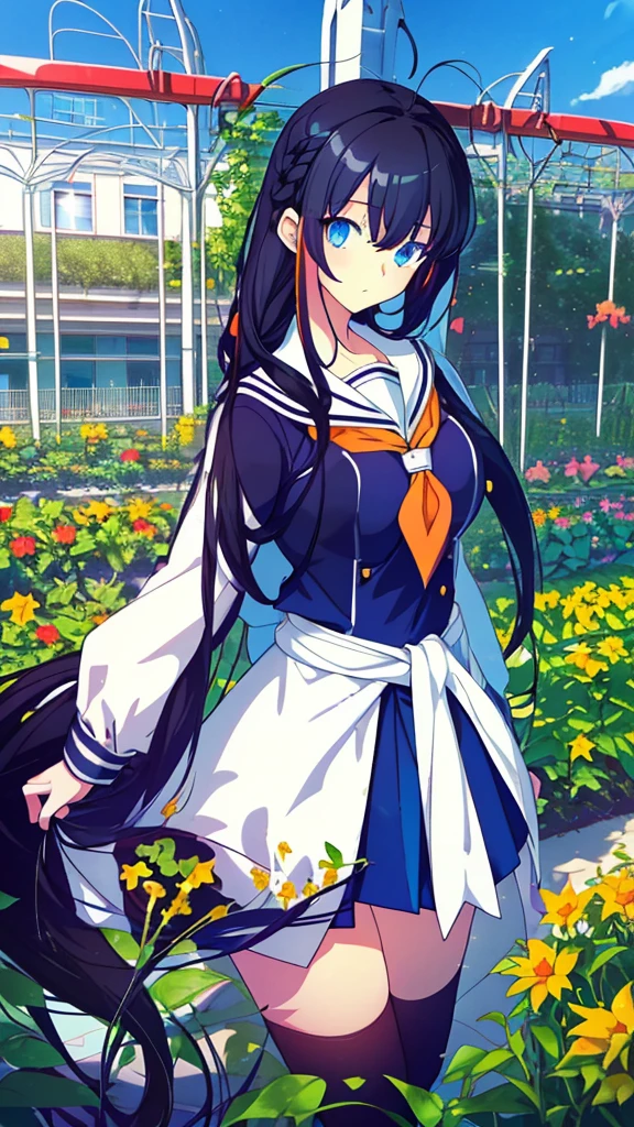 best quality, extremely detailed,anime style girl,long hair down to the waist, straight hair, ((dark black hair with bluish)),braid,beautiful detailed eyes, pinched eyes, (dark blue eyes),huge breasts,curvy,((((white main brightly colored princess school uniform)))),clothing with complex patterns,cool expression,((((school garden)))),from side